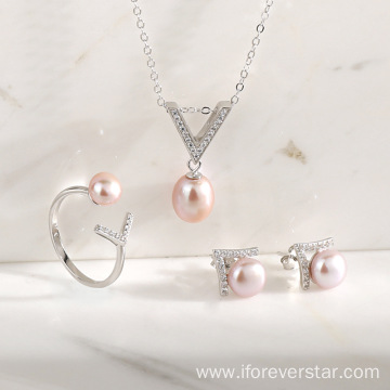 Sterling Silver Pearl Earrings Jewelry Set For Women